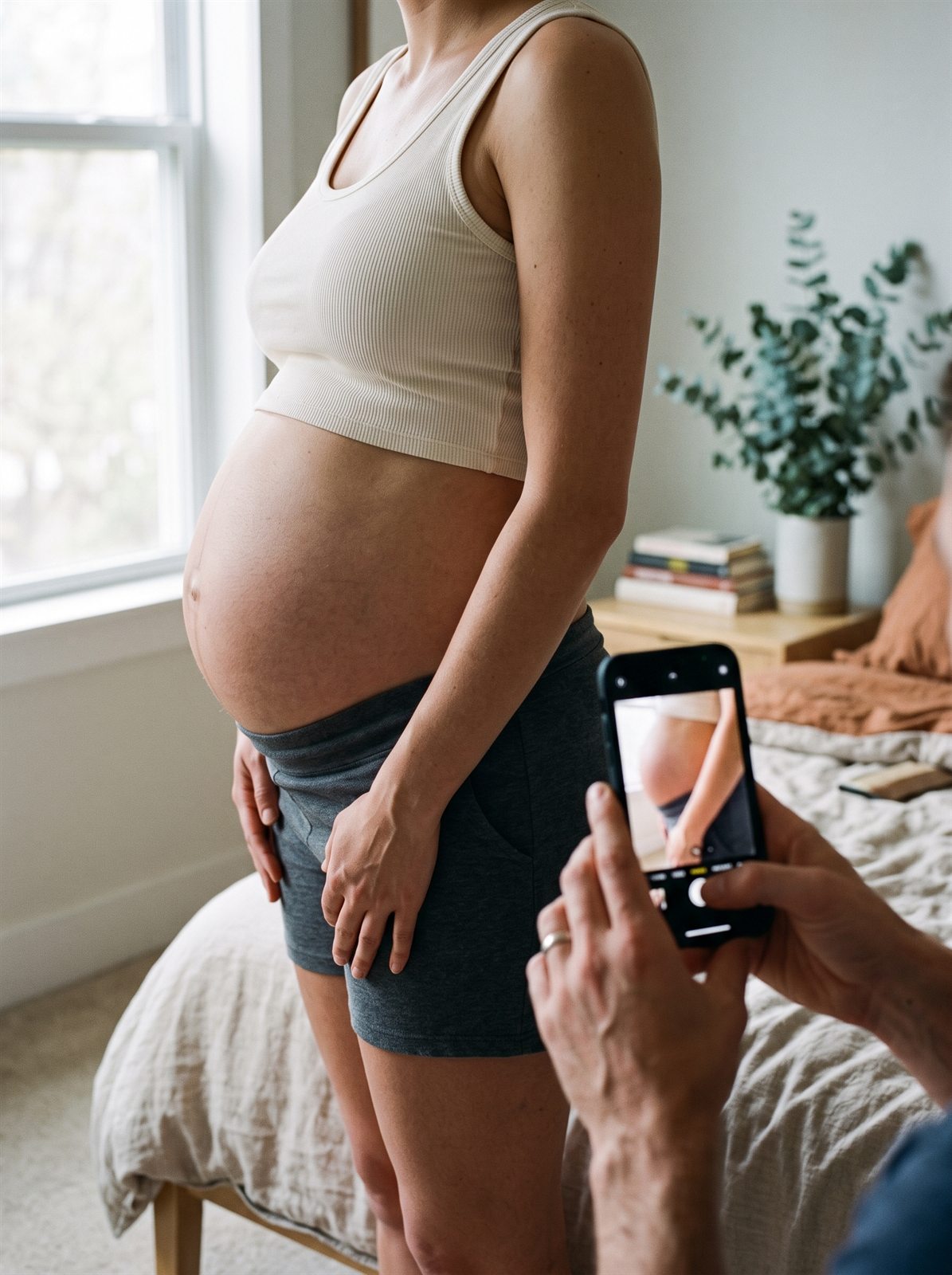 Partner fotografuje brzuszek telefonem w domowym świetle — pierwszy krok skanu Brzusio